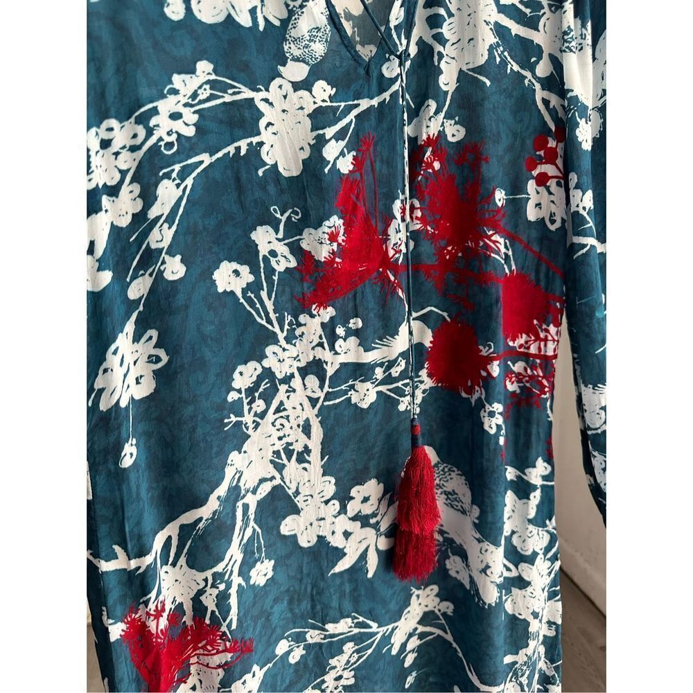 Hemant & Nandita size 6 Floral Dress Teal Birds Print Tassels - Picture 4 of 6
